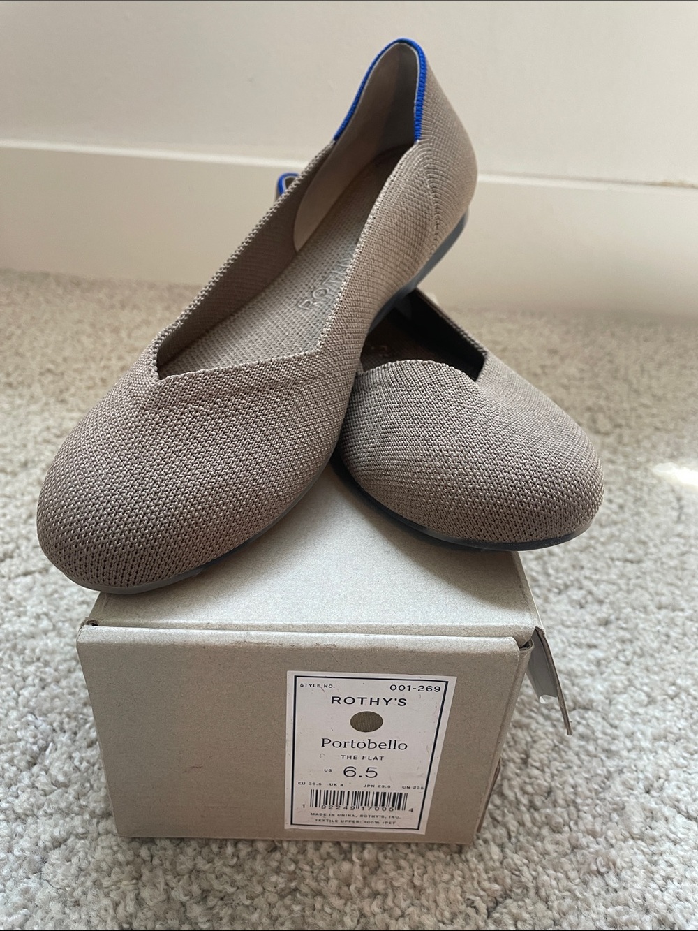 Rothy's Portobello Flat in Taupe with Blue Trim